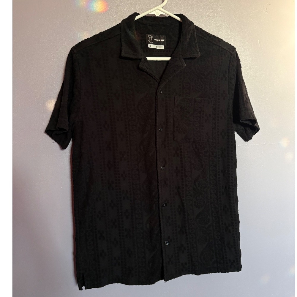 Original Use Mens Black Terry Cloth Damask Pattern Camp Collar Button Down Shirt